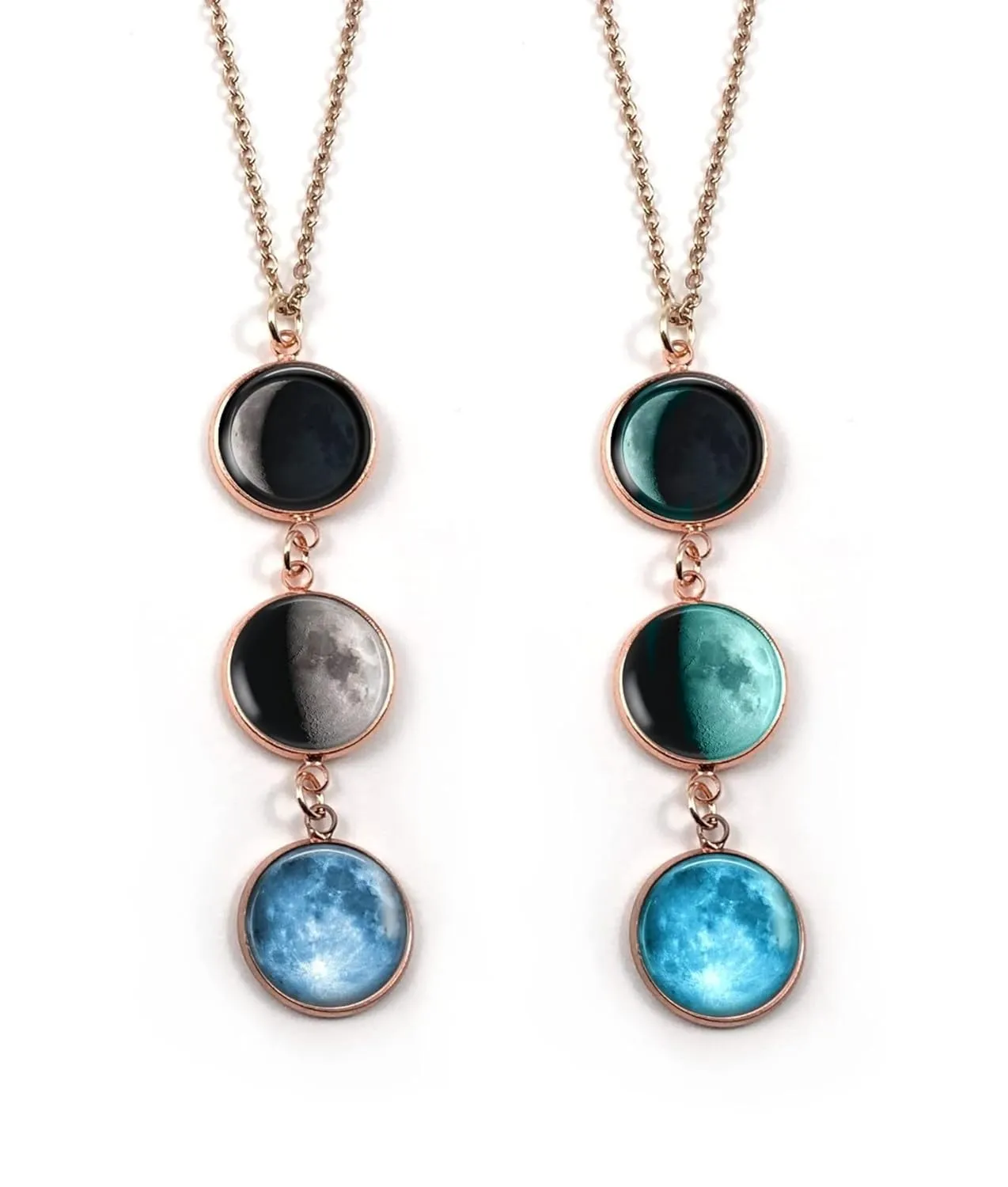 1 Glow in the Dark Rose Gold Tone Custom Birth Moon Necklace with 1, 2, 3 or 4 Personalized Moon Phase Charms