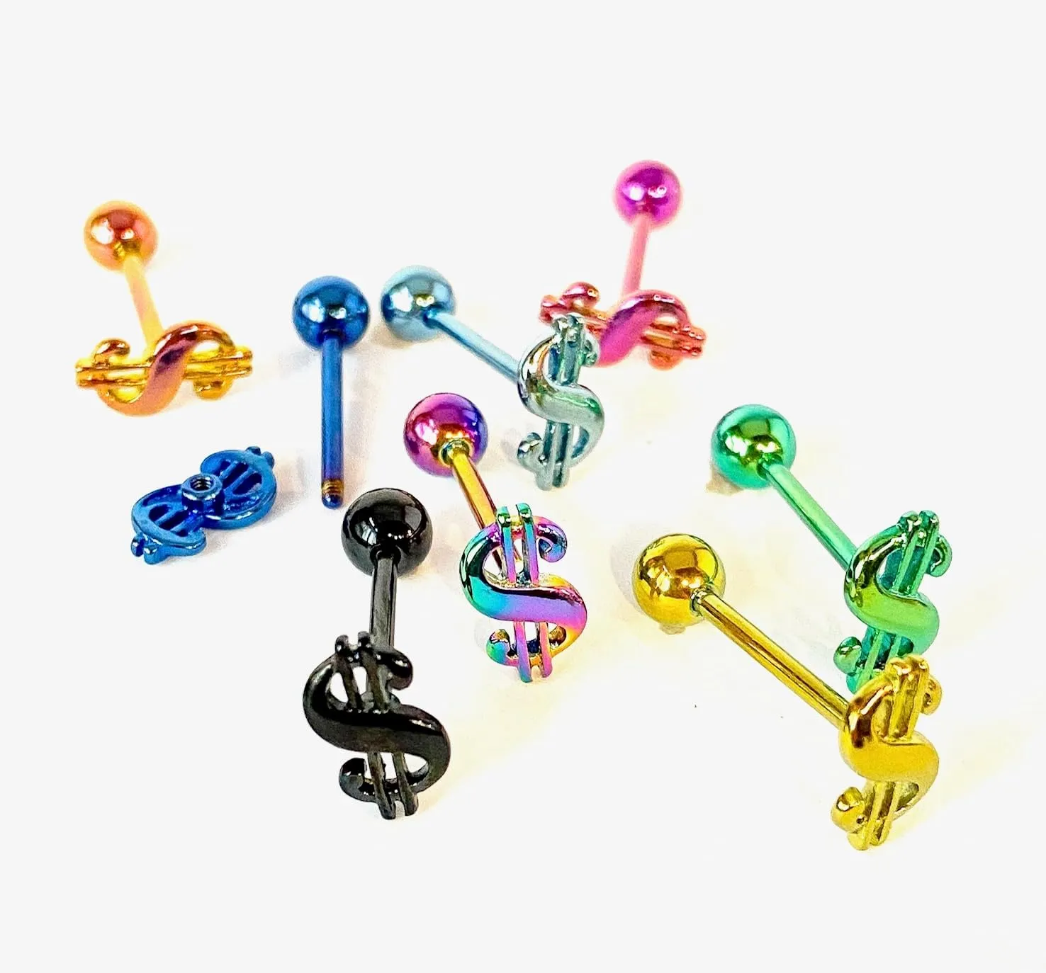 1 Piece of Unique Titanium Anodized $ Dollar Sign Tongue Ring - 14g - Body Jewelry