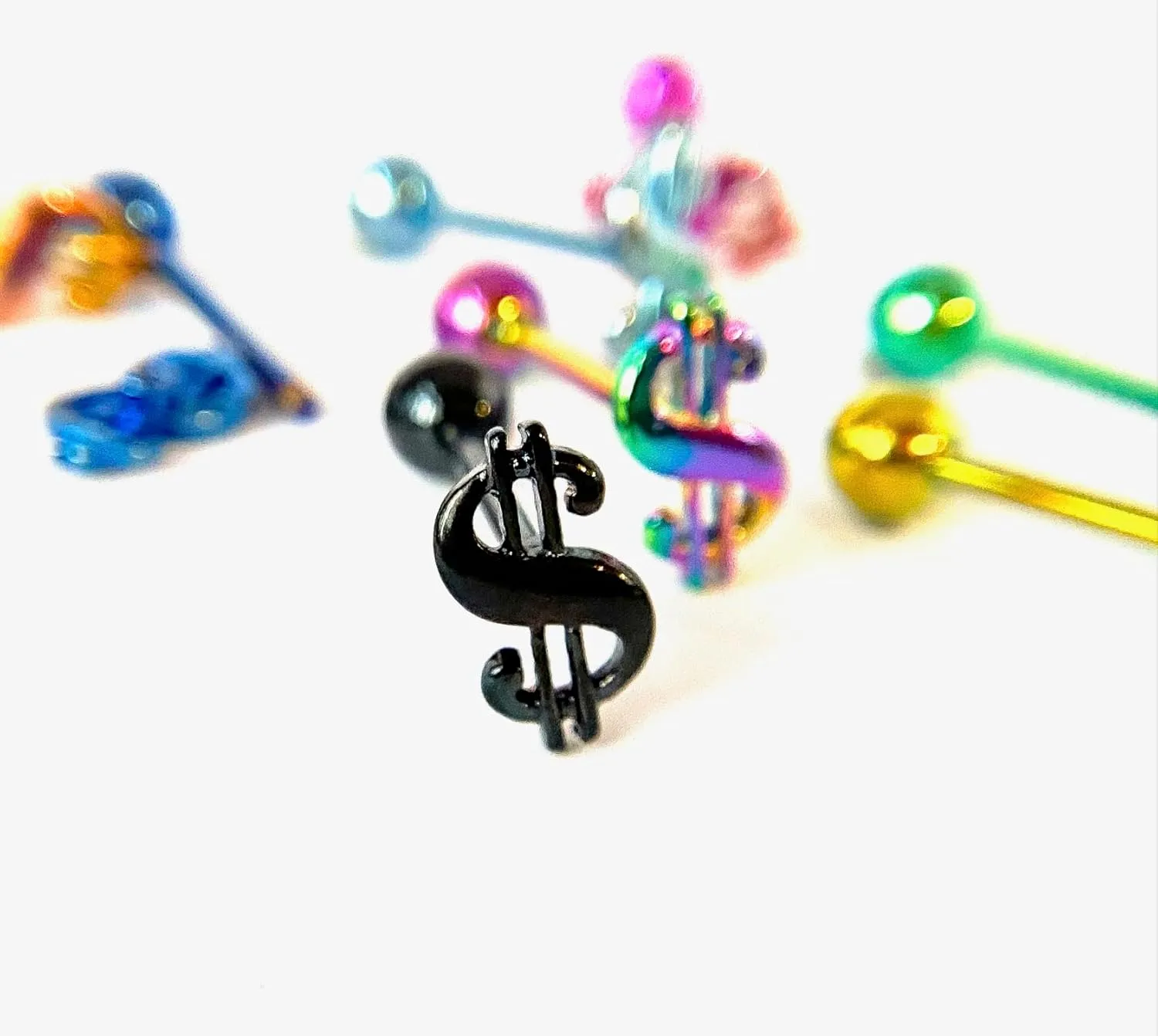1 Piece of Unique Titanium Anodized $ Dollar Sign Tongue Ring - 14g - Body Jewelry
