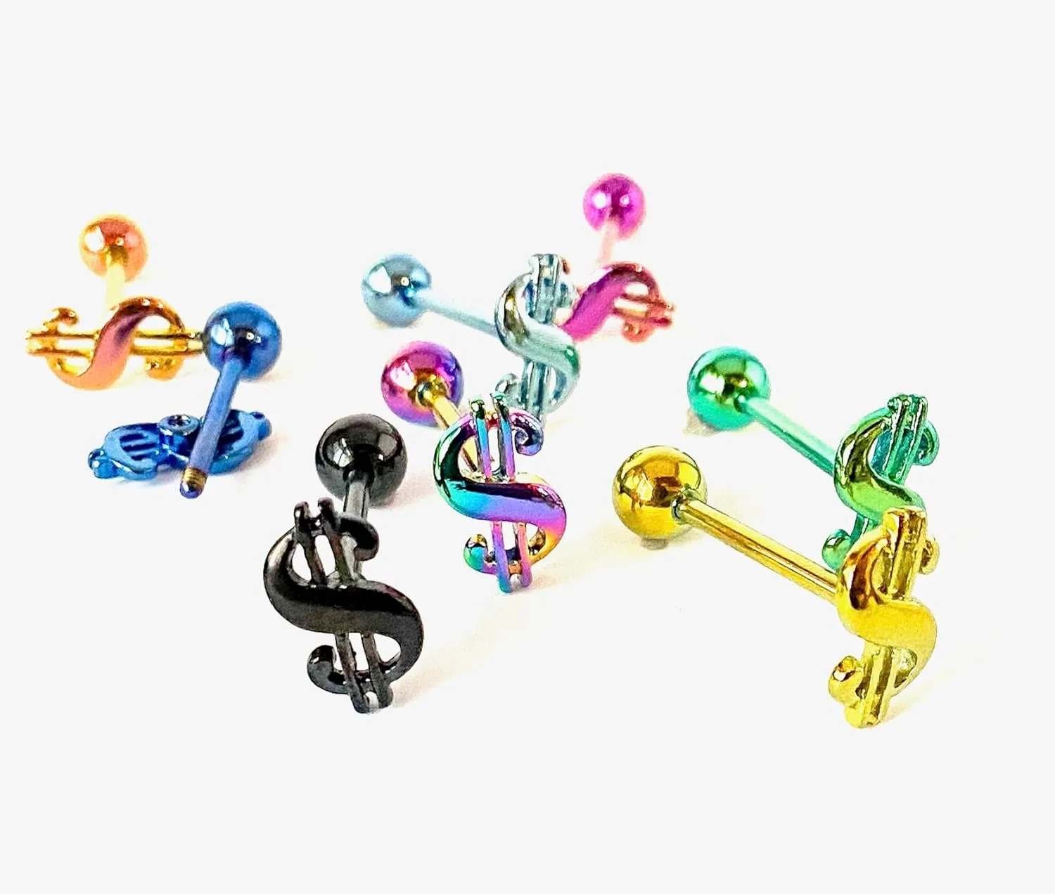 1 Piece of Unique Titanium Anodized $ Dollar Sign Tongue Ring - 14g - Body Jewelry