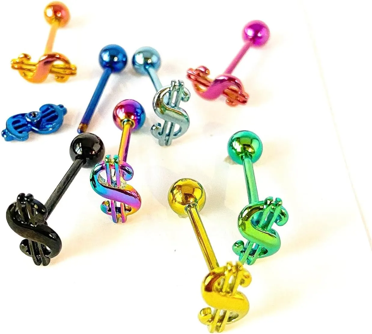 1 Piece of Unique Titanium Anodized $ Dollar Sign Tongue Ring - 14g - Body Jewelry