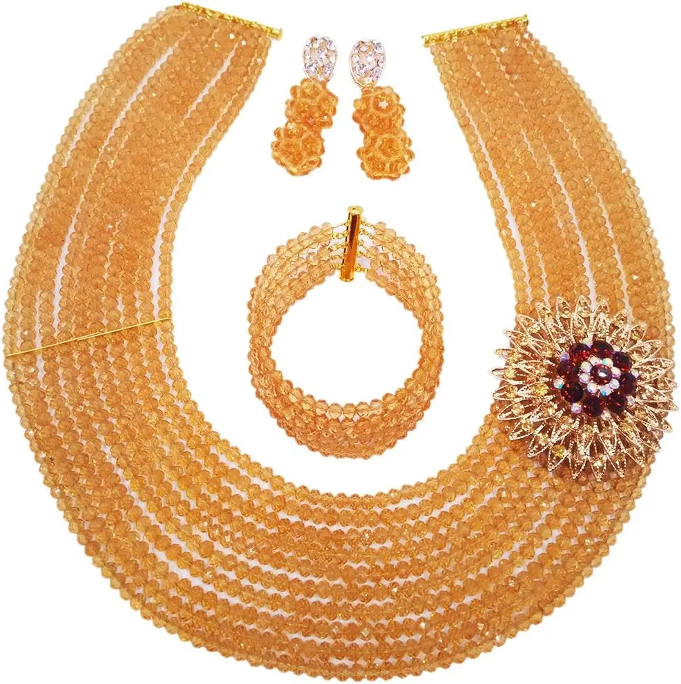 10 Rows Classic Crystal Bridal Jewelry Sets Nigerian Wedding African Beads Jewelry Set
