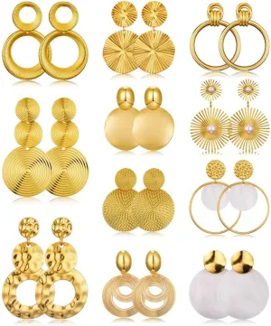 11 Pairs Big Disc Drop Earrings Gold Dangle Earrings Round Hammered Statement Earrings For Women Set