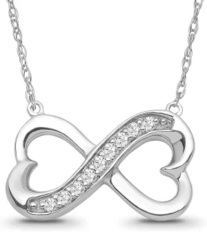 1/10 Carat Diamond Double Heart Pendant | 10K Yellow, White Gold or Silver infinity Pendant Rope Chain Necklace 18" | I-J Color and I2-I3 clarity