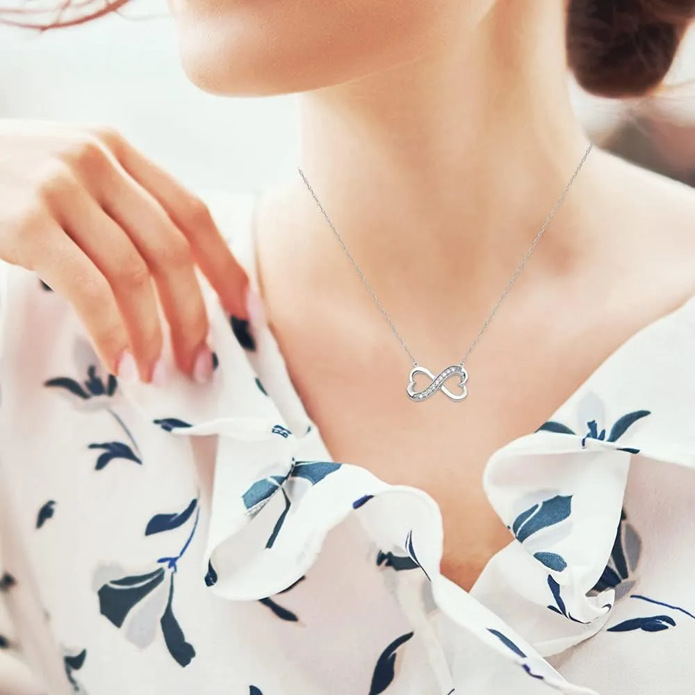 1/10 Carat Diamond Double Heart Pendant | 10K Yellow, White Gold or Silver infinity Pendant Rope Chain Necklace 18" | I-J Color and I2-I3 clarity