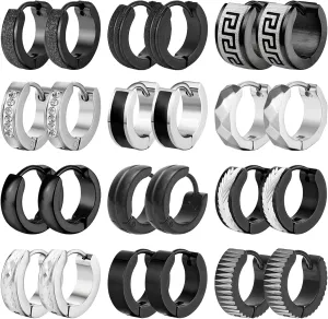 12 Pairs Stainless Steel Hoop Earrings for Men Hypoallergenic Earring Unisex Earring Black Silver Hoop Earrings for Women Men