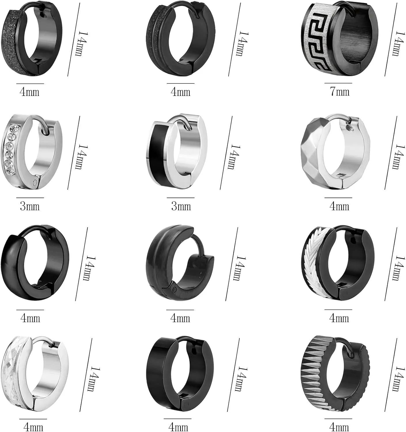 12 Pairs Stainless Steel Hoop Earrings for Men Hypoallergenic Earring Unisex Earring Black Silver Hoop Earrings for Women Men