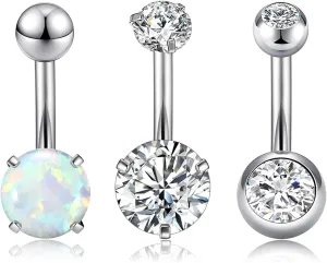 14G 3/5PCS Belly Button Rings Stainless Steel Navel Dangling Rings Belly Dangle Rings Opal Clear CZ Navel Curved Barbell Long Belly Piercing Jewelry for Women 10MM Silver