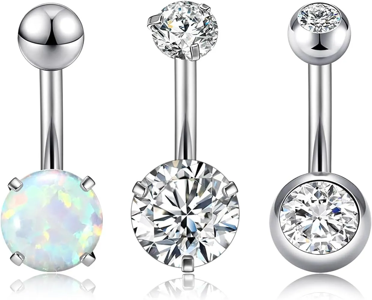14G 3/5PCS Belly Button Rings Stainless Steel Navel Dangling Rings Belly Dangle Rings Opal Clear CZ Navel Curved Barbell Long Belly Piercing Jewelry for Women 10MM Silver