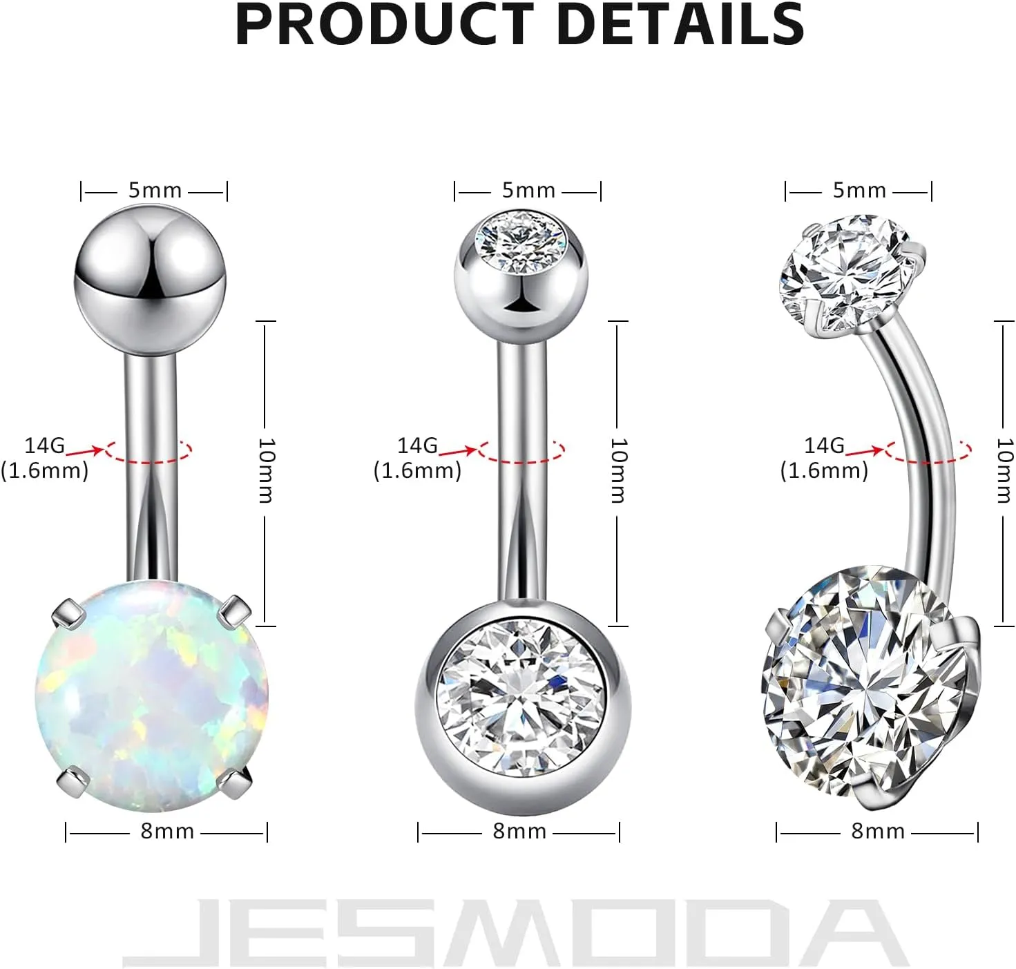 14G 3/5PCS Belly Button Rings Stainless Steel Navel Dangling Rings Belly Dangle Rings Opal Clear CZ Navel Curved Barbell Long Belly Piercing Jewelry for Women 10MM Silver