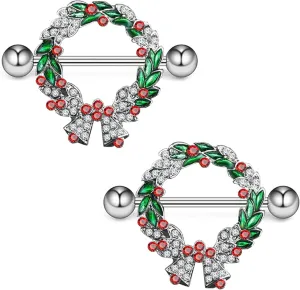 14G Christmas Garland Nipple Rings Shield Jewelry - 316L Surgical Steel Piercings, 16mm Bars Body Jewelry