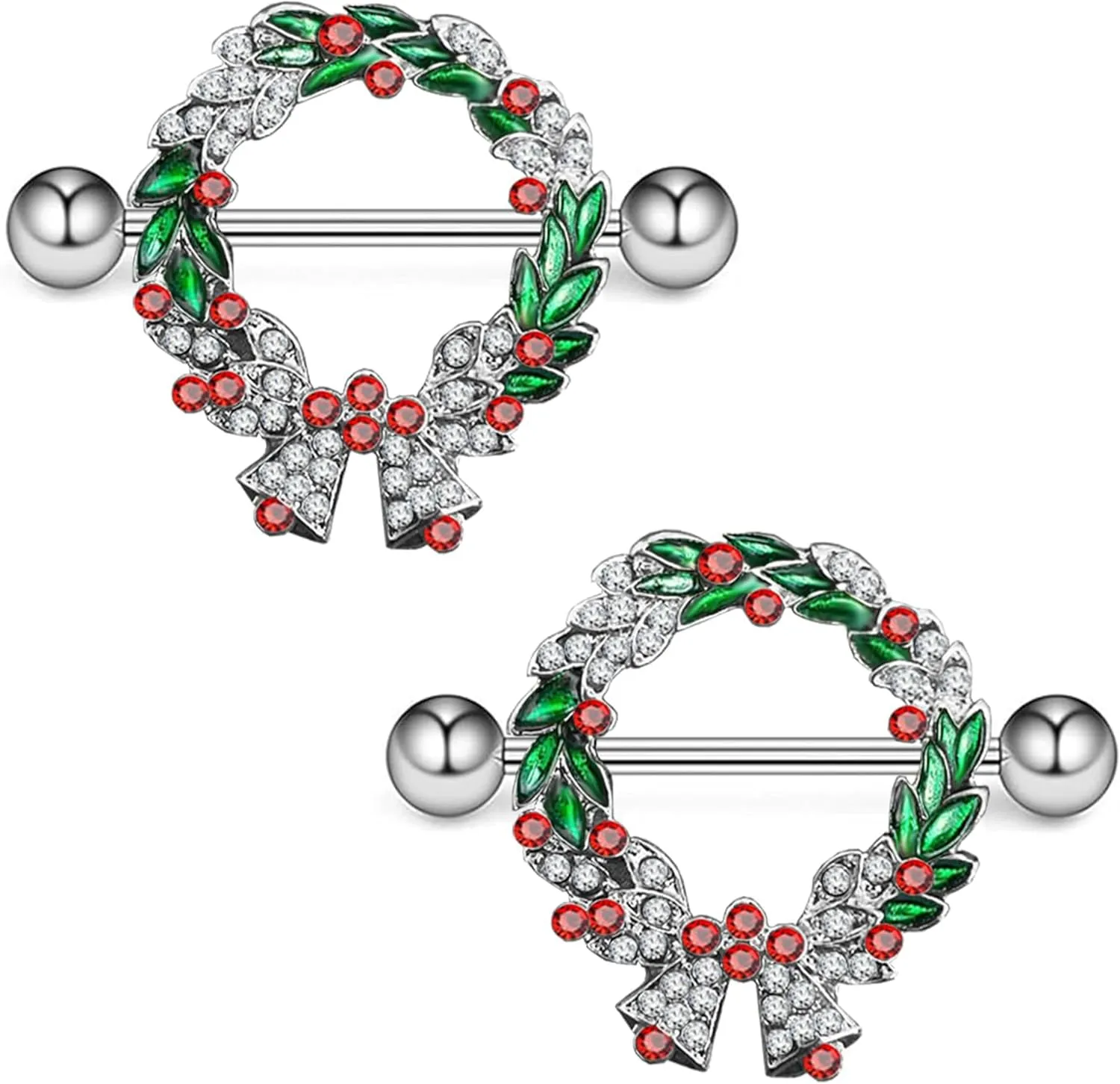 14G Christmas Garland Nipple Rings Shield Jewelry - 316L Surgical Steel Piercings, 16mm Bars Body Jewelry