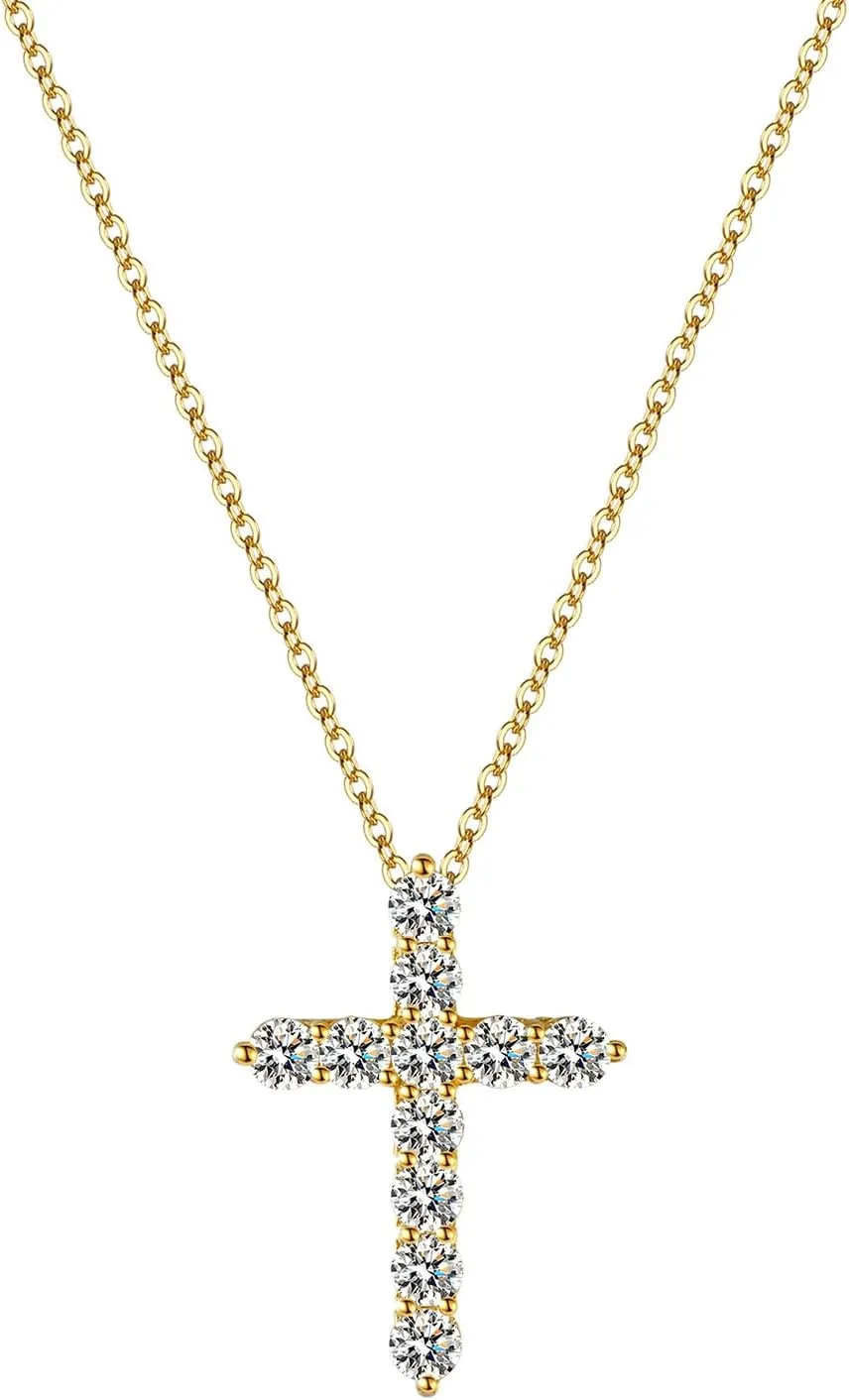 14K Gold 1.1ct VVS1 D-Color Diamond Cross Pendant Necklace for Women, Christmas Gift for Wife