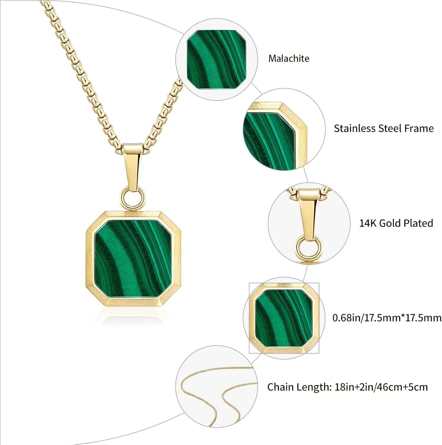 14K Gold Plated Necklace Black Onyx/Opal/Turquoise/Malachite/Lapis Lazuli/Tigers Eye Necklace for Men Women Stainless Steel Square/Rectangle Pendant Necklaces with Box Chain