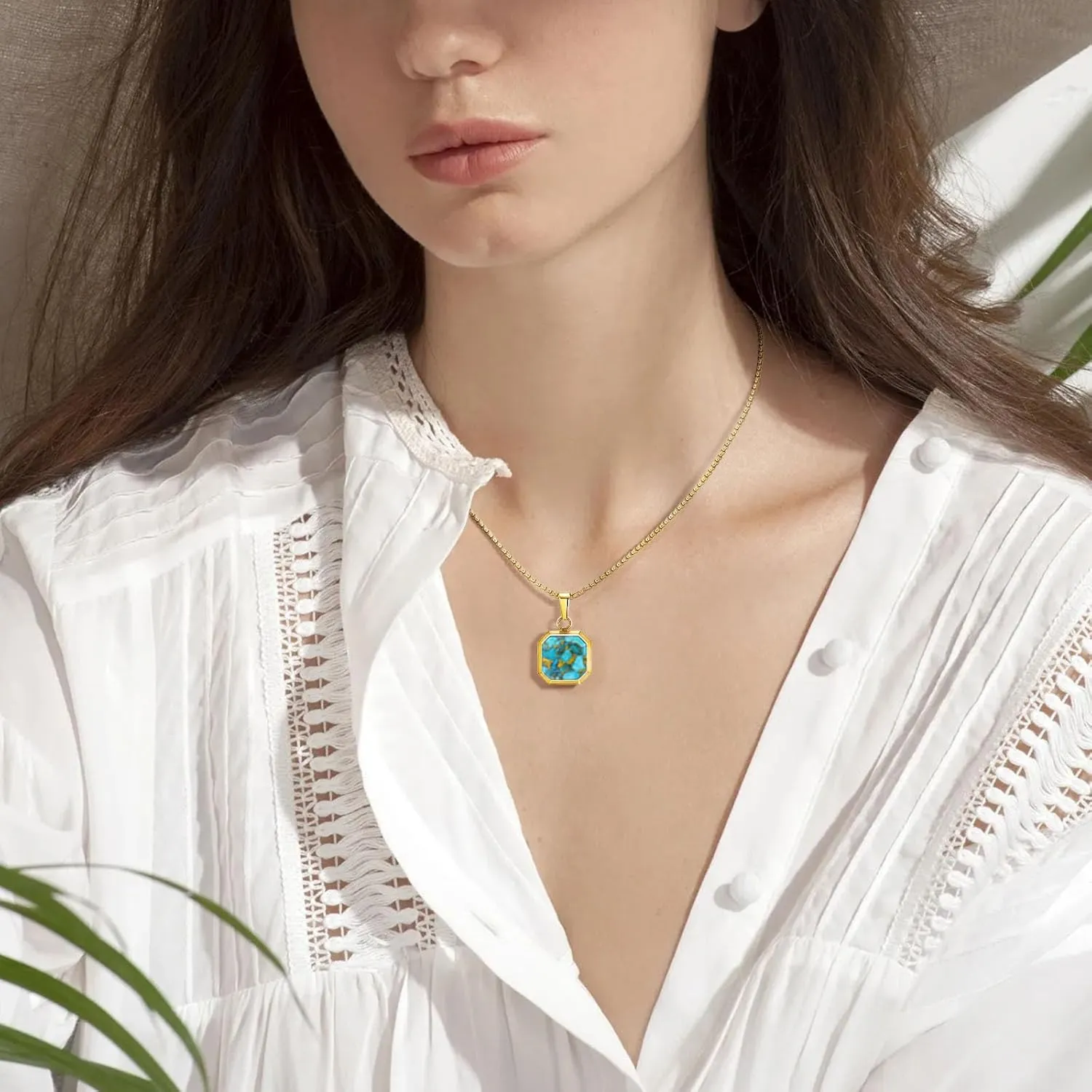 14K Gold Plated Necklace Black Onyx/Opal/Turquoise/Malachite/Lapis Lazuli/Tigers Eye Necklace for Men Women Stainless Steel Square/Rectangle Pendant Necklaces with Box Chain