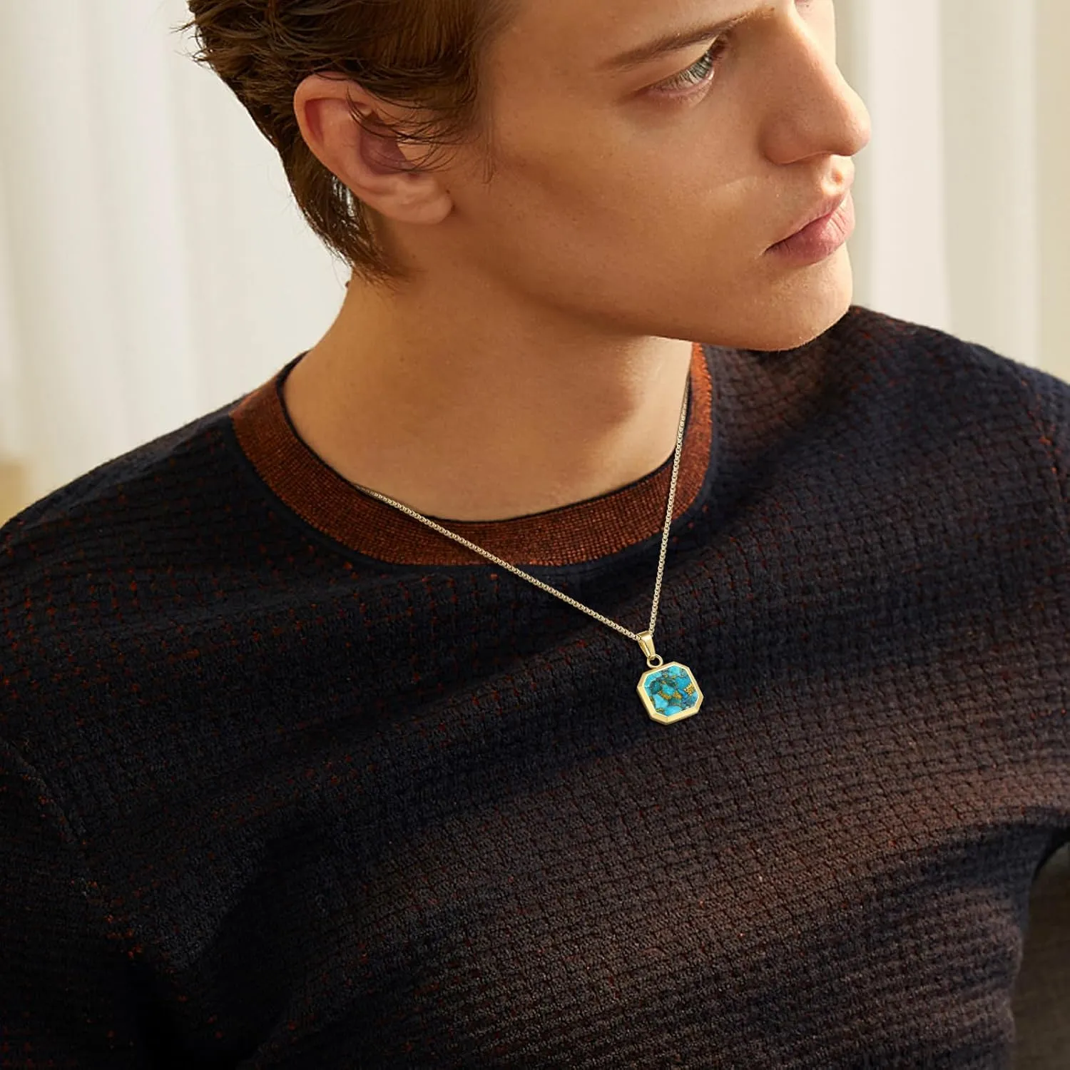 14K Gold Plated Necklace Black Onyx/Opal/Turquoise/Malachite/Lapis Lazuli/Tigers Eye Necklace for Men Women Stainless Steel Square/Rectangle Pendant Necklaces with Box Chain