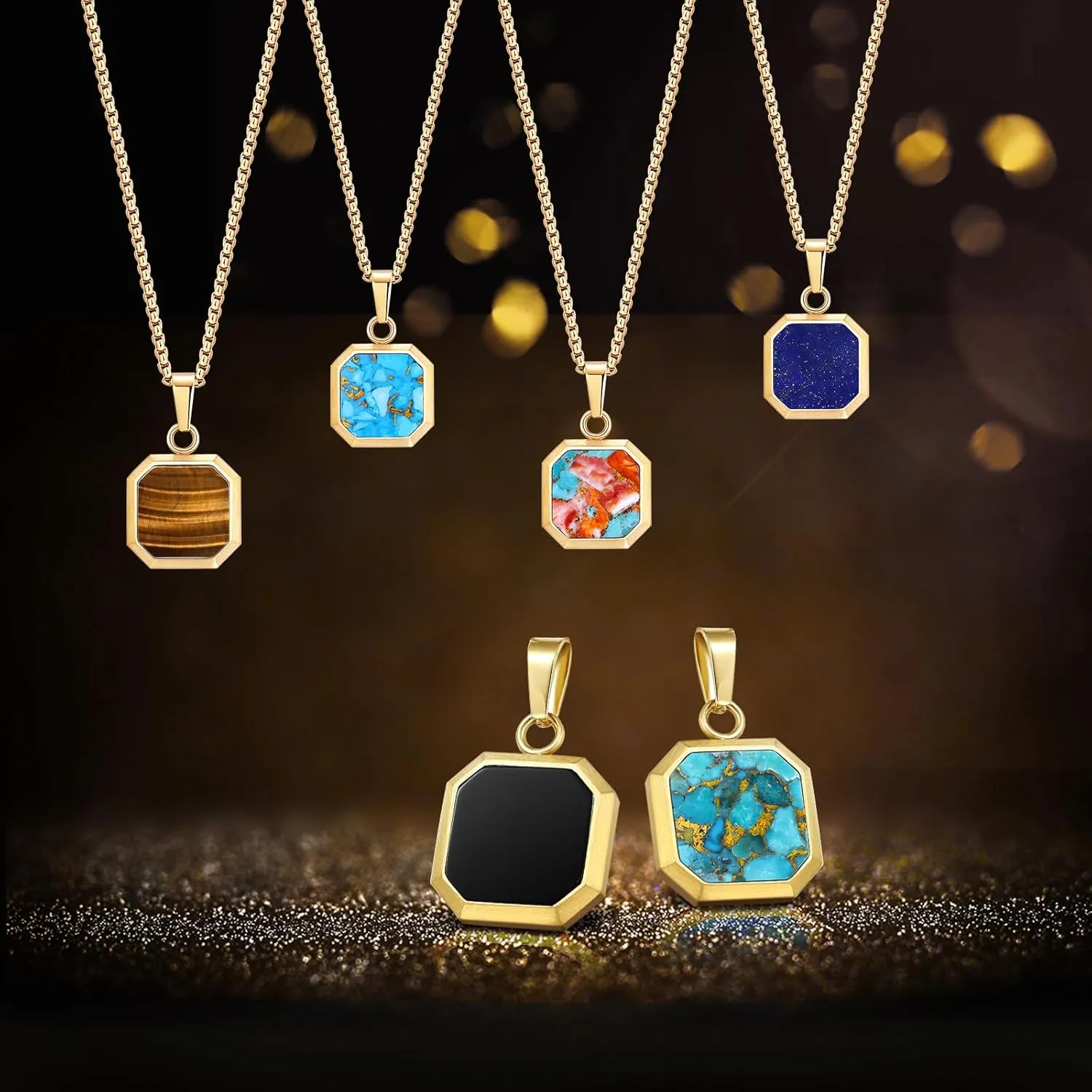 14K Gold Plated Necklace Black Onyx/Opal/Turquoise/Malachite/Lapis Lazuli/Tigers Eye Necklace for Men Women Stainless Steel Square/Rectangle Pendant Necklaces with Box Chain