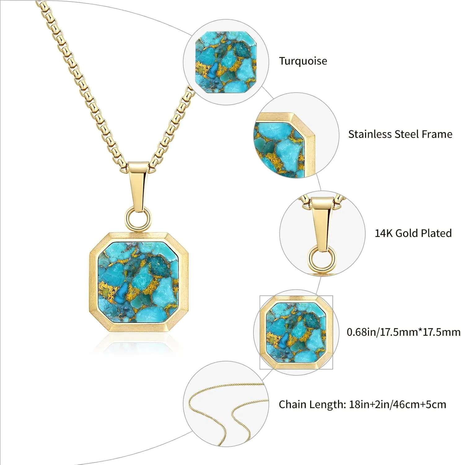 14K Gold Plated Necklace Black Onyx/Opal/Turquoise/Malachite/Lapis Lazuli/Tigers Eye Necklace for Men Women Stainless Steel Square/Rectangle Pendant Necklaces with Box Chain