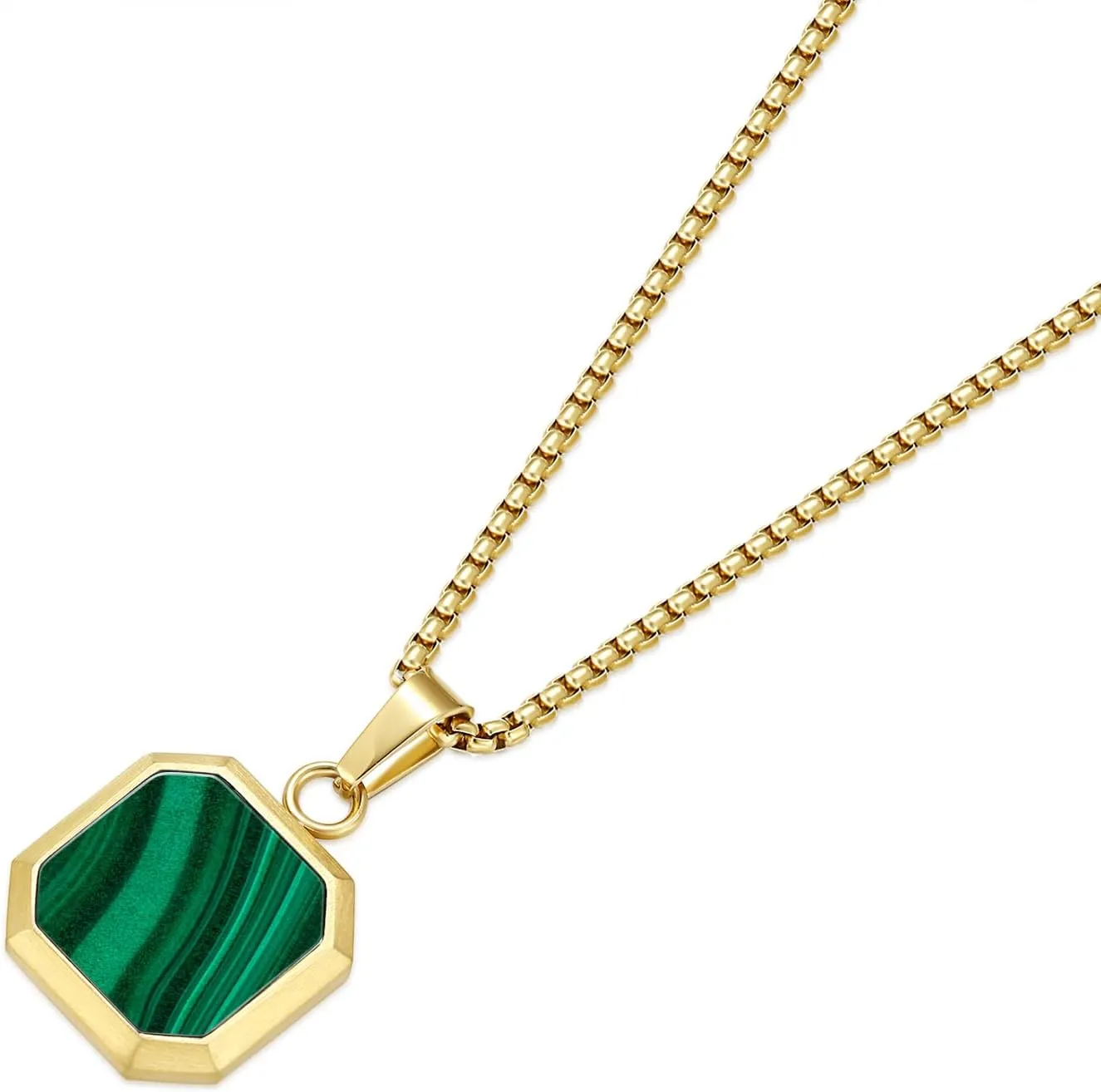 14K Gold Plated Necklace Black Onyx/Opal/Turquoise/Malachite/Lapis Lazuli/Tigers Eye Necklace for Men Women Stainless Steel Square/Rectangle Pendant Necklaces with Box Chain