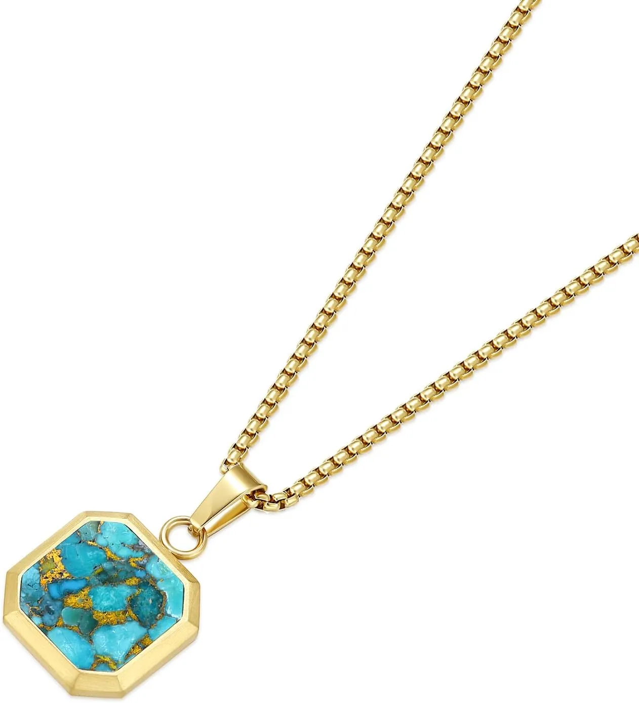 14K Gold Plated Necklace Black Onyx/Opal/Turquoise/Malachite/Lapis Lazuli/Tigers Eye Necklace for Men Women Stainless Steel Square/Rectangle Pendant Necklaces with Box Chain