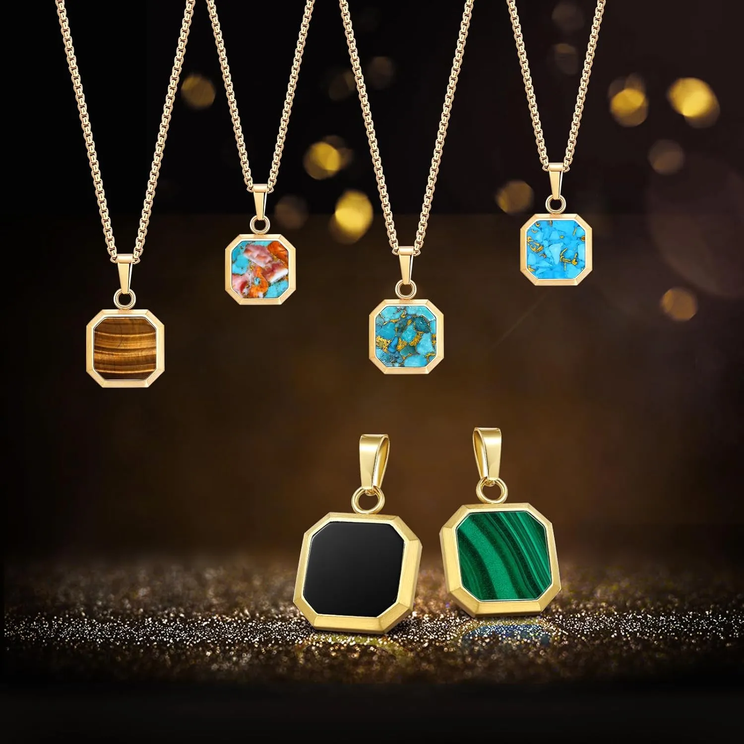 14K Gold Plated Necklace Black Onyx/Opal/Turquoise/Malachite/Lapis Lazuli/Tigers Eye Necklace for Men Women Stainless Steel Square/Rectangle Pendant Necklaces with Box Chain