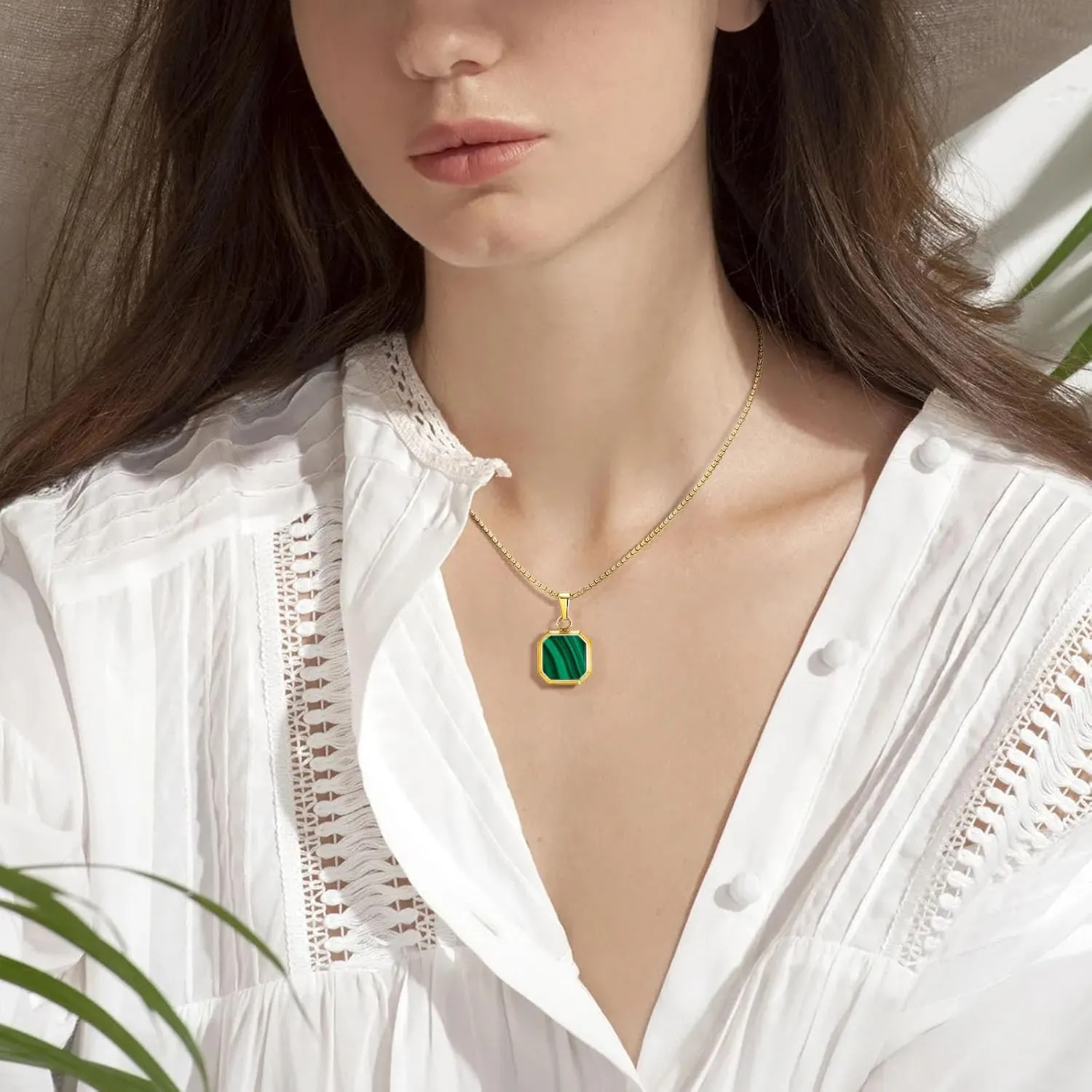 14K Gold Plated Necklace Black Onyx/Opal/Turquoise/Malachite/Lapis Lazuli/Tigers Eye Necklace for Men Women Stainless Steel Square/Rectangle Pendant Necklaces with Box Chain