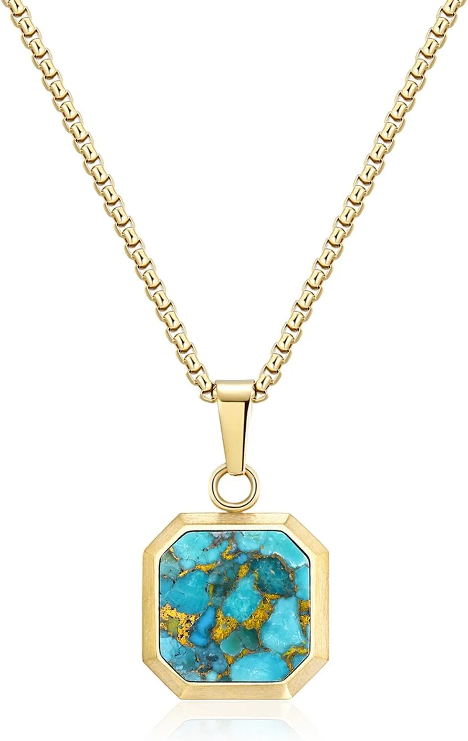 14K Gold Plated Necklace Black Onyx/Opal/Turquoise/Malachite/Lapis Lazuli/Tigers Eye Necklace for Men Women Stainless Steel Square/Rectangle Pendant Necklaces with Box Chain