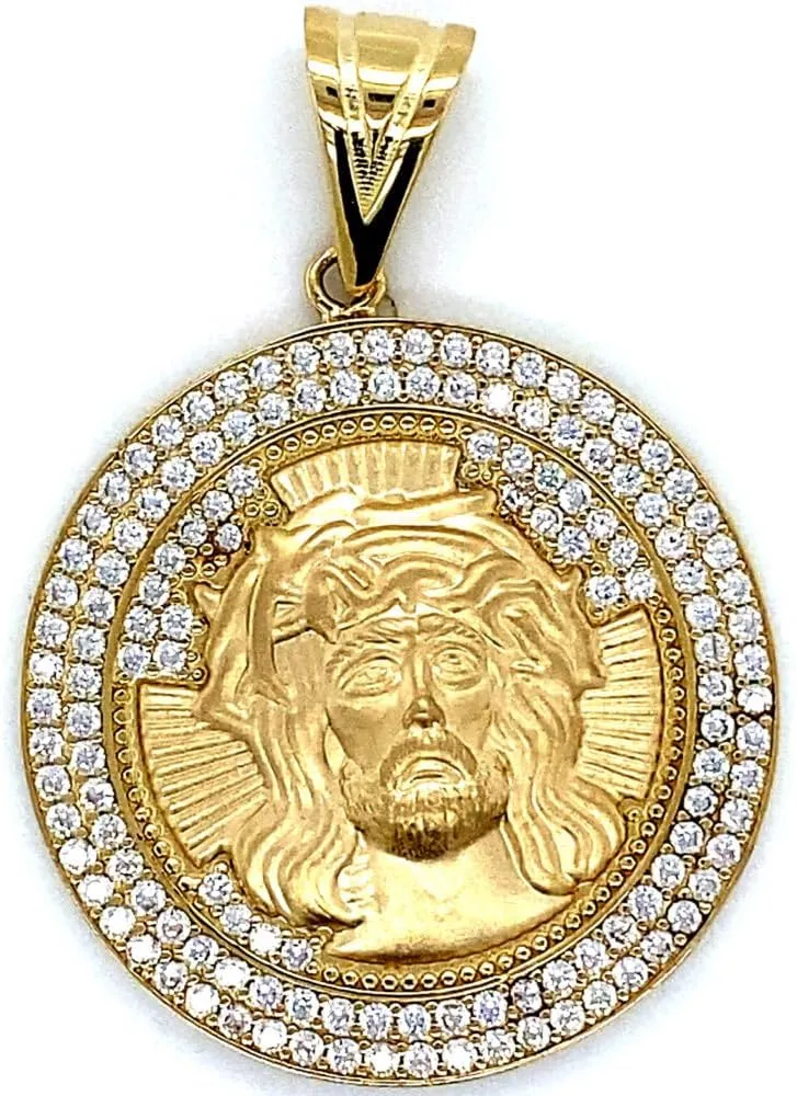 14K ROUND CZ JESUS HEAD PENDANT