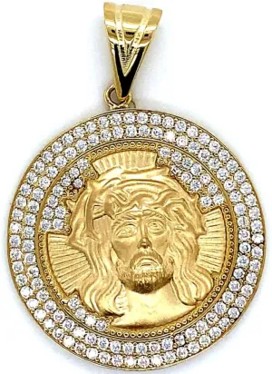 14K ROUND CZ JESUS HEAD PENDANT
