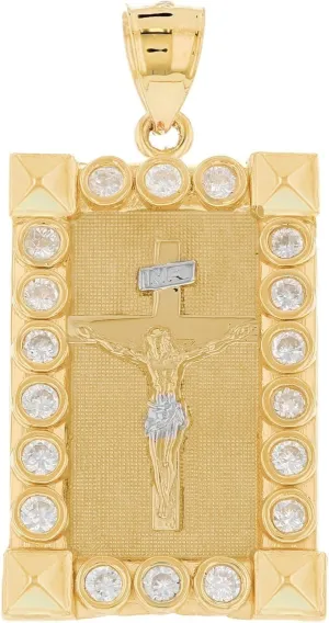 14k Two Tone Gold INRI Jesus Crucifix White CZ Unisex Religious Pendant