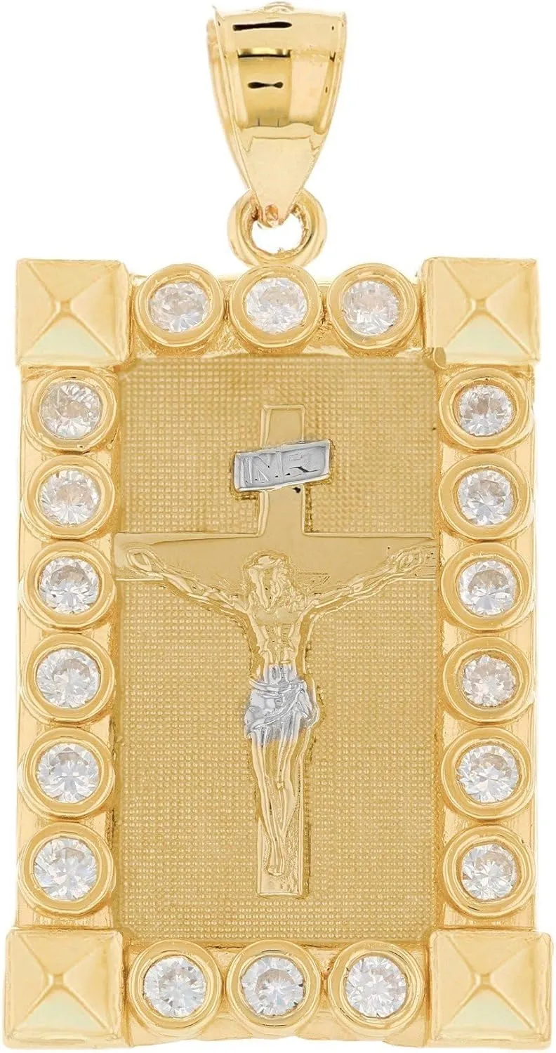 14k Two Tone Gold INRI Jesus Crucifix White CZ Unisex Religious Pendant