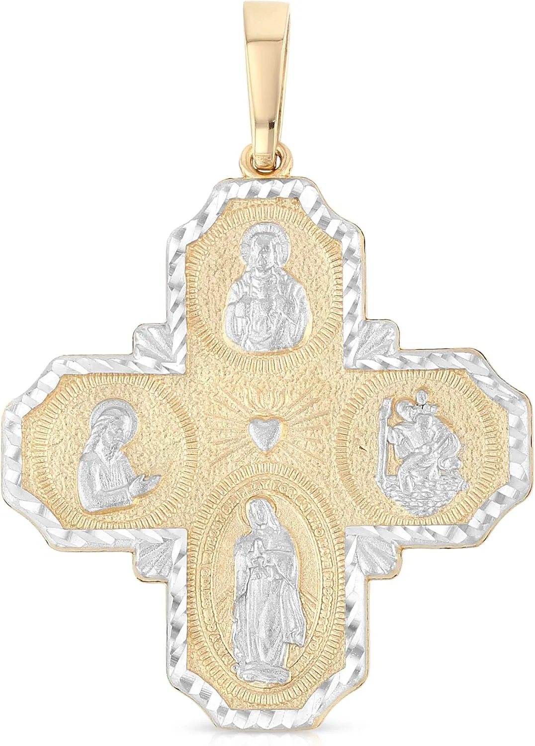 14K Two Tone Gold Jesus Christ Four-Way Cross Religious Square Edge Charm Large Pendant For Necklace or Chain