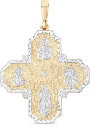 14K Two Tone Gold Jesus Christ Four-Way Cross Religious Square Edge Charm Large Pendant For Necklace or Chain