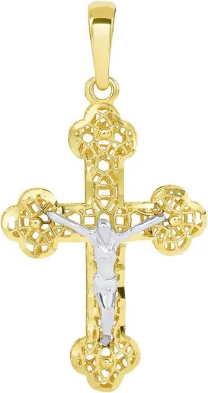 14k Two Tone Gold Textured Filigree Eastern Orthodox Cross 3D Jesus Crucifix Pendant