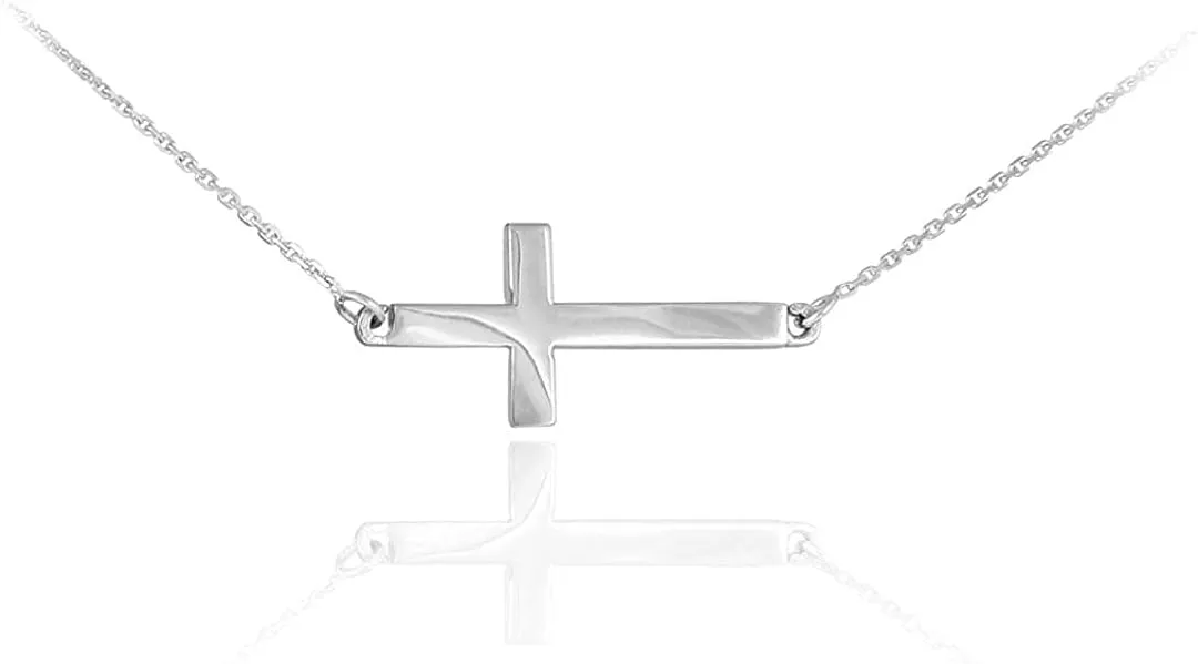 14k White Gold Classic Horizontal/Sideways Cross Necklace on Rolo Chain - 18"