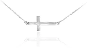 14k White Gold Classic Horizontal/Sideways Cross Necklace on Rolo Chain - 18"