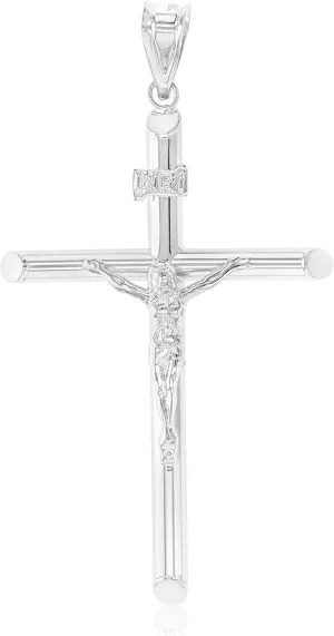 14K White Gold Religious Crucifix Tube Cross Charm Large Pendant For Necklace or Chain