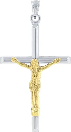 14k White Gold Two-Tone Tube Cross Charm with Jesus Crucifix Pendant