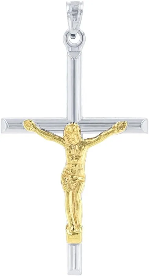 14k White Gold Two-Tone Tube Cross Charm with Jesus Crucifix Pendant