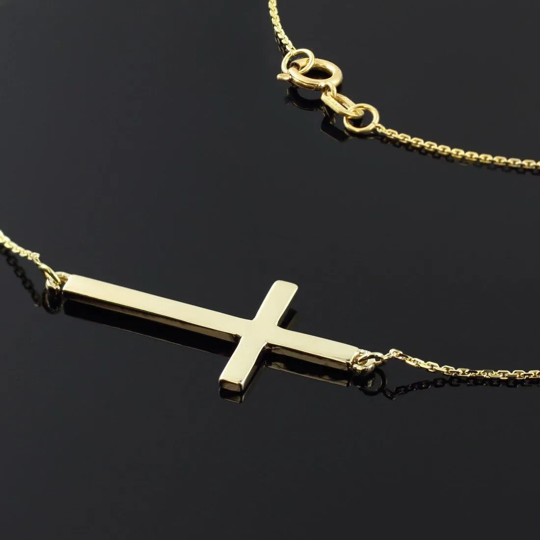 14K Yellow Gold Classic Horizontal/Sideways Cross Necklace on Rolo Chain - Choice of Length