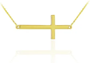 14K Yellow Gold Classic Horizontal/Sideways Cross Necklace on Rolo Chain - Choice of Length