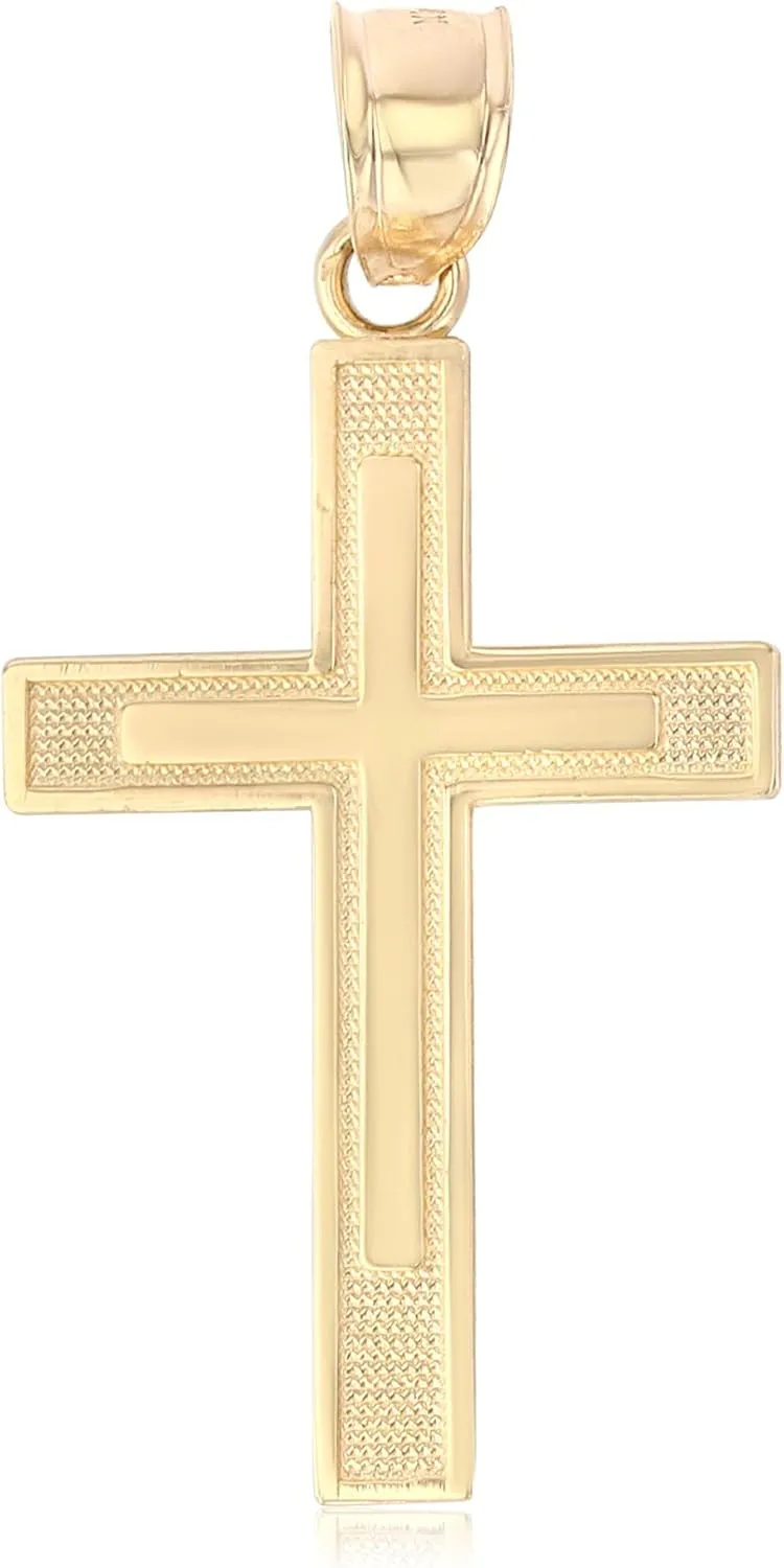 14K Yellow Gold Double Cross Pendant Religious Medium Size Charm For Necklace or Chain