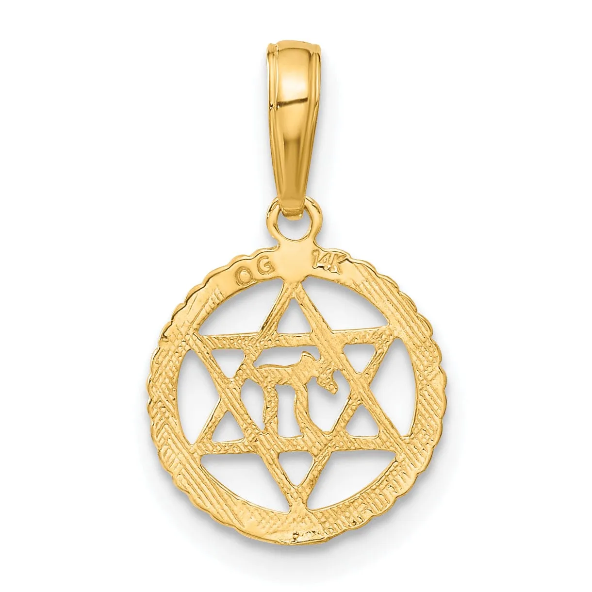 14K Yellow Gold Polish Star of David and Chai in Circle Frame Pendant