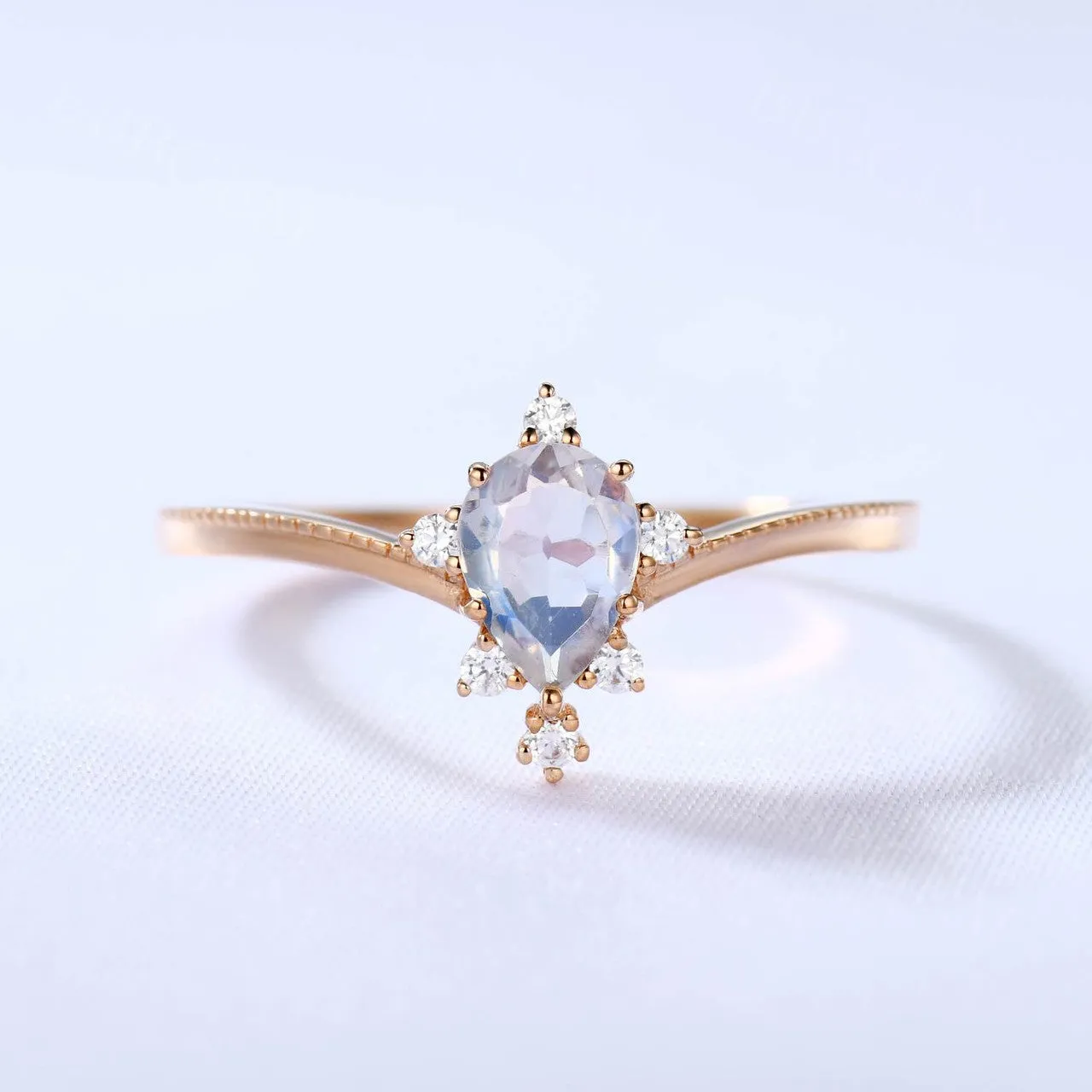 14K/18K Gold Vintage Rainbow Blue Moonstone Engagement Ring Unique