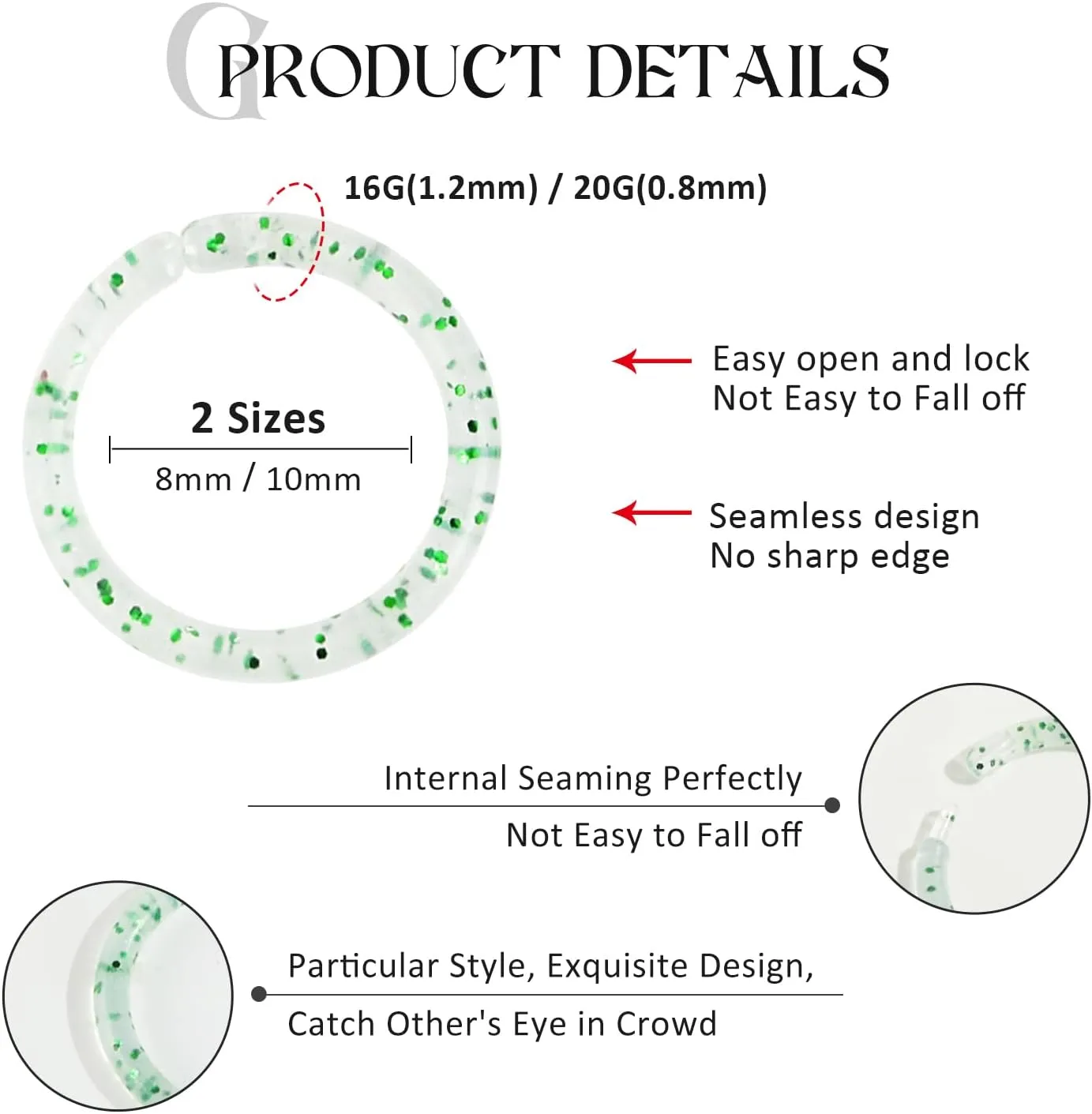 16G 20G Nose Septum Rings Acrylic Nose Nostril Hinged Hoop Ring Flexible Nose Rings Retainer Earring Clicker Helix Cartilage Piercing Jewelry for Women Men 8MM 10MM