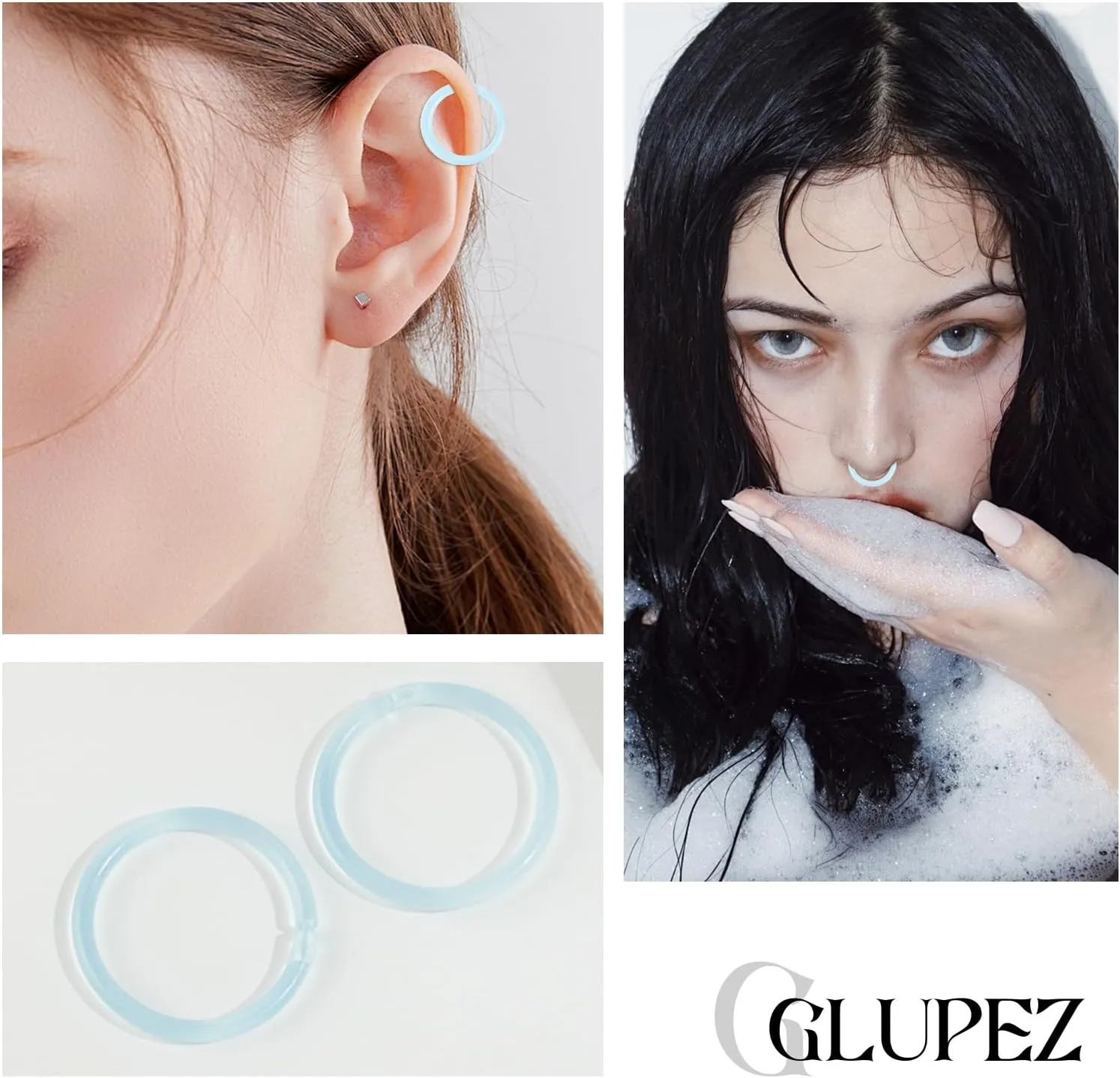 16G 20G Nose Septum Rings Acrylic Nose Nostril Hinged Hoop Ring Flexible Nose Rings Retainer Earring Clicker Helix Cartilage Piercing Jewelry for Women Men 8MM 10MM