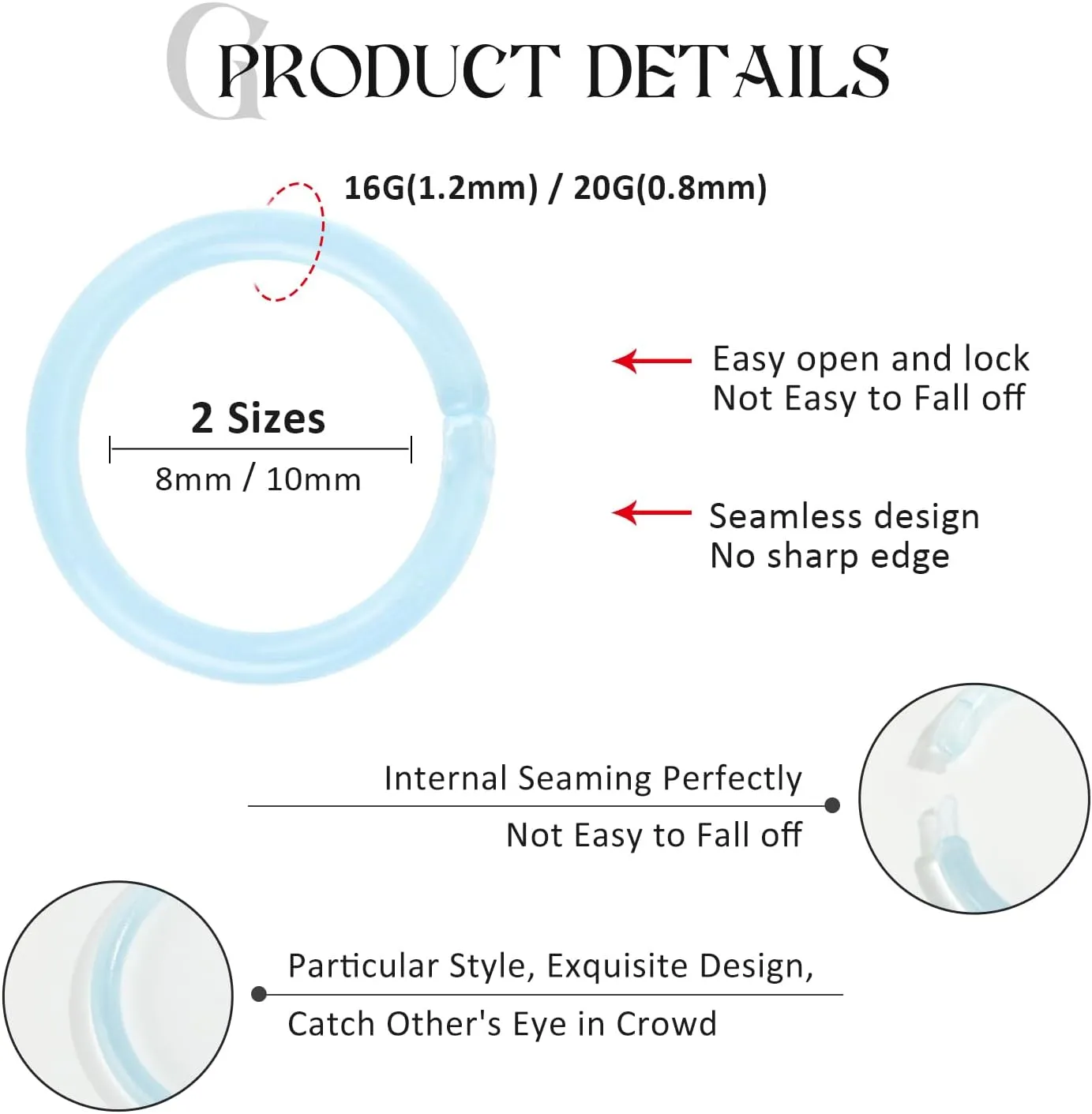 16G 20G Nose Septum Rings Acrylic Nose Nostril Hinged Hoop Ring Flexible Nose Rings Retainer Earring Clicker Helix Cartilage Piercing Jewelry for Women Men 8MM 10MM