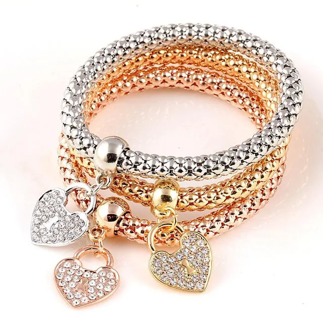 17KM 2017 HOT 3 PCS/Set Crystal Butterful Bracelet & Bangle Multiple Shape Elastic Heart Bracelets For Women pulseira masculina