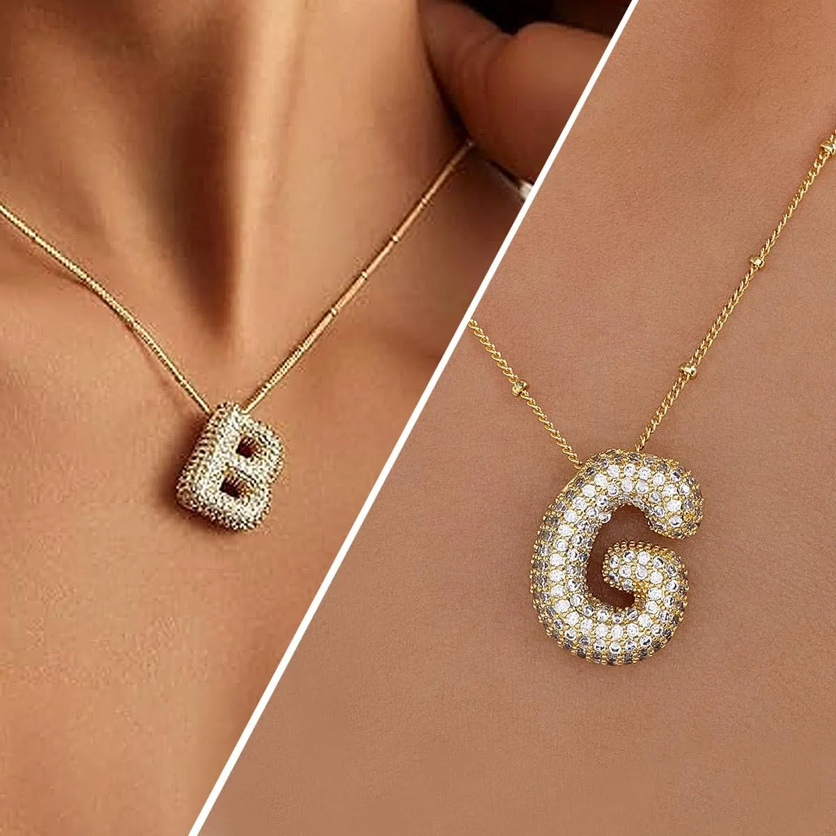 18k Gold Plated Dainty Cubic Zirconia Bubble Alphabet 26 A-Z Letter Necklace, Personalized Monogram Necklace,Balloon Initial Necklace for Women Female