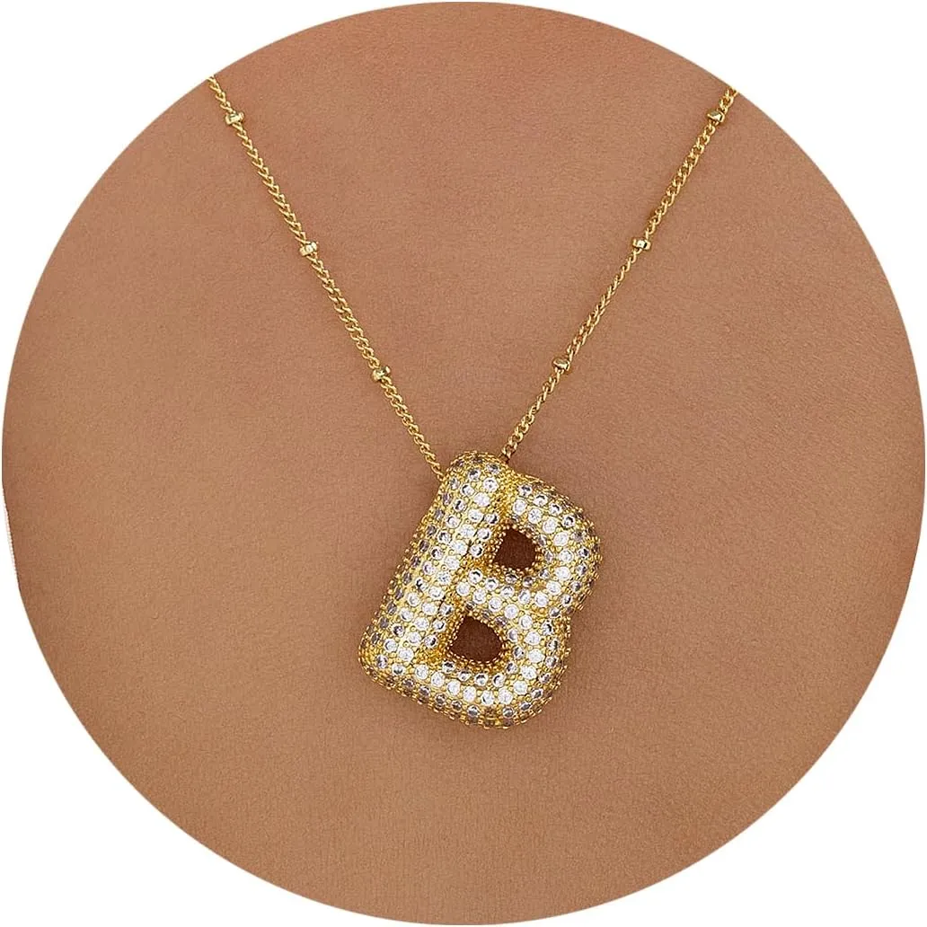 18k Gold Plated Dainty Cubic Zirconia Bubble Alphabet 26 A-Z Letter Necklace, Personalized Monogram Necklace,Balloon Initial Necklace for Women Female
